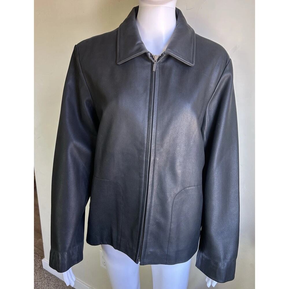 Y2K Eddie Bauer Women’s Black Leather Zip Jacket Minimalist Size Large